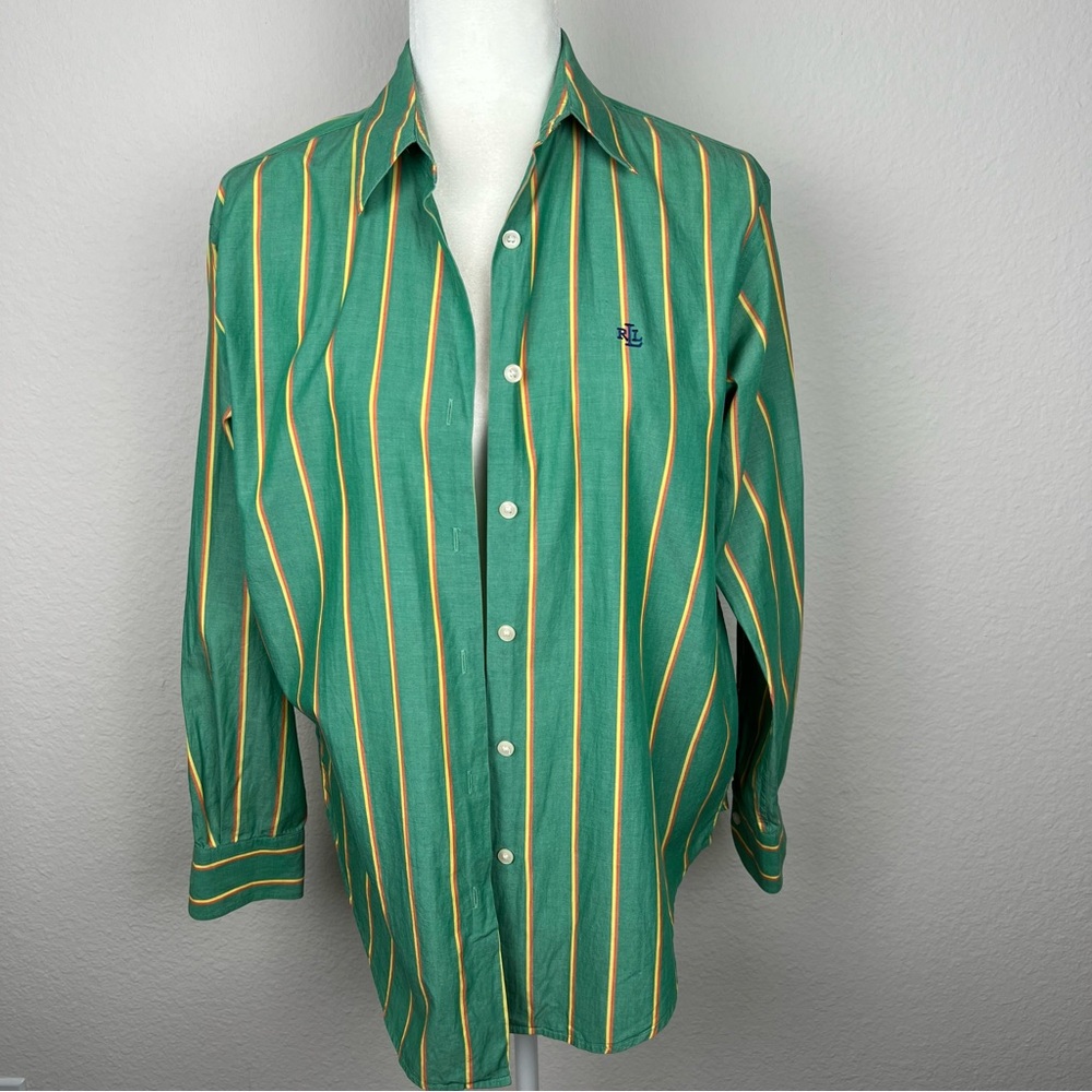 Lauren Ralph Lauren Green Stripe Button Down Shirt Top Size 8